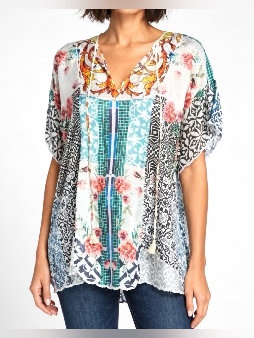 JOHNNY WAS Retrix Top Tunic Blouse 100% Silk NWT Teal Blue Floral Tassel Size XL